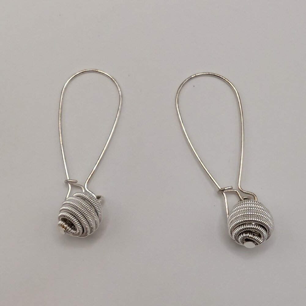 Silver Tone Coiled Ball Dangle Pierced Long Wire Earrings 1.75" NEW